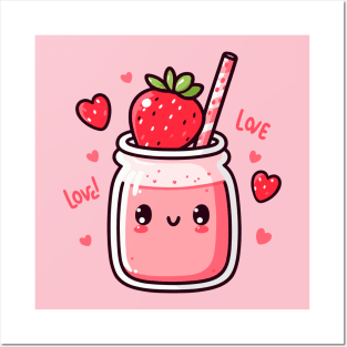 Strawberry Milkshake Drink with Strawberries and Hearts in Kawaii Style | Cutesy Kawaii Posters and Art